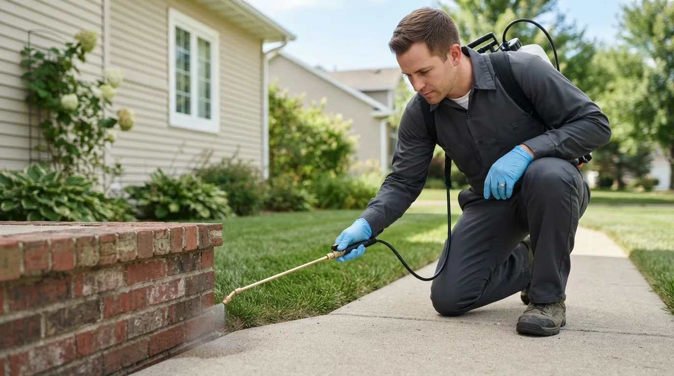 Pest control technician treating a home near West Bridgewater, MA
